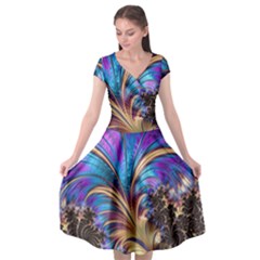 Fractal Feather Swirl Purple Blue Cap Sleeve Wrap Front Dress by Pakrebo