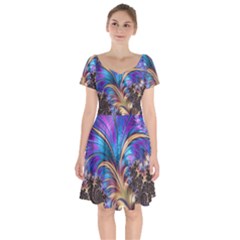 Fractal Feather Swirl Purple Blue Short Sleeve Bardot Dress by Pakrebo