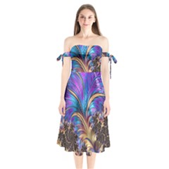 Fractal Feather Swirl Purple Blue Shoulder Tie Bardot Midi Dress by Pakrebo