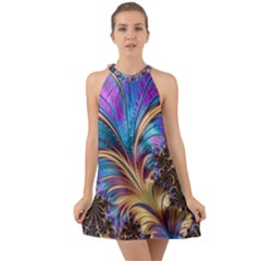 Fractal Feather Swirl Purple Blue Halter Tie Back Chiffon Dress by Pakrebo