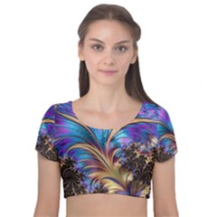 Fractal Feather Swirl Purple Blue Velvet Short Sleeve Crop Top  by Pakrebo