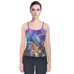 Fractal Feather Swirl Purple Blue Velvet Spaghetti Strap Top by Pakrebo