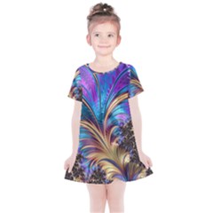 Fractal Feather Swirl Purple Blue Kids  Simple Cotton Dress by Pakrebo