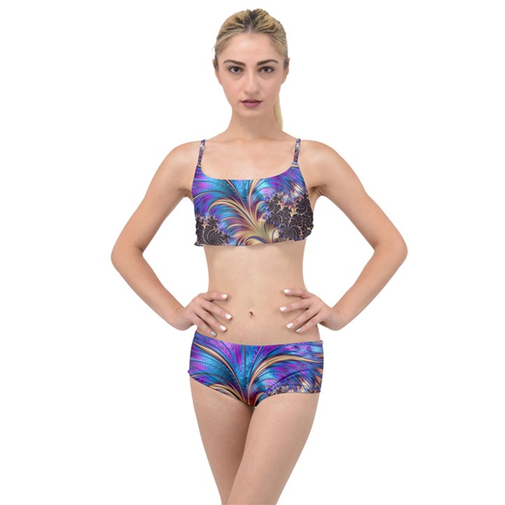 Fractal Feather Swirl Purple Blue Layered Top Bikini Set