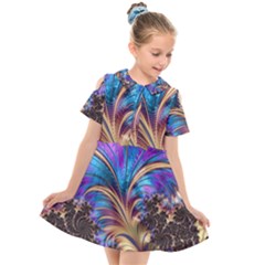 Fractal Feather Swirl Purple Blue Kids  Short Sleeve Shirt Dress by Pakrebo