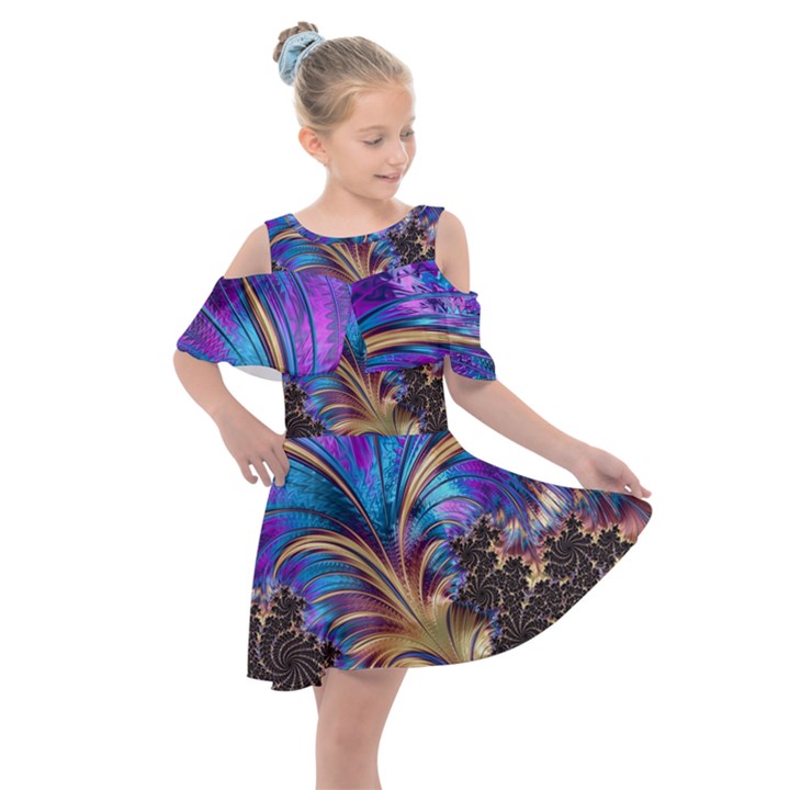 Fractal Feather Swirl Purple Blue Kids  Shoulder Cutout Chiffon Dress