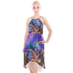 Fractal Feather Swirl Purple Blue High-low Halter Chiffon Dress  by Pakrebo