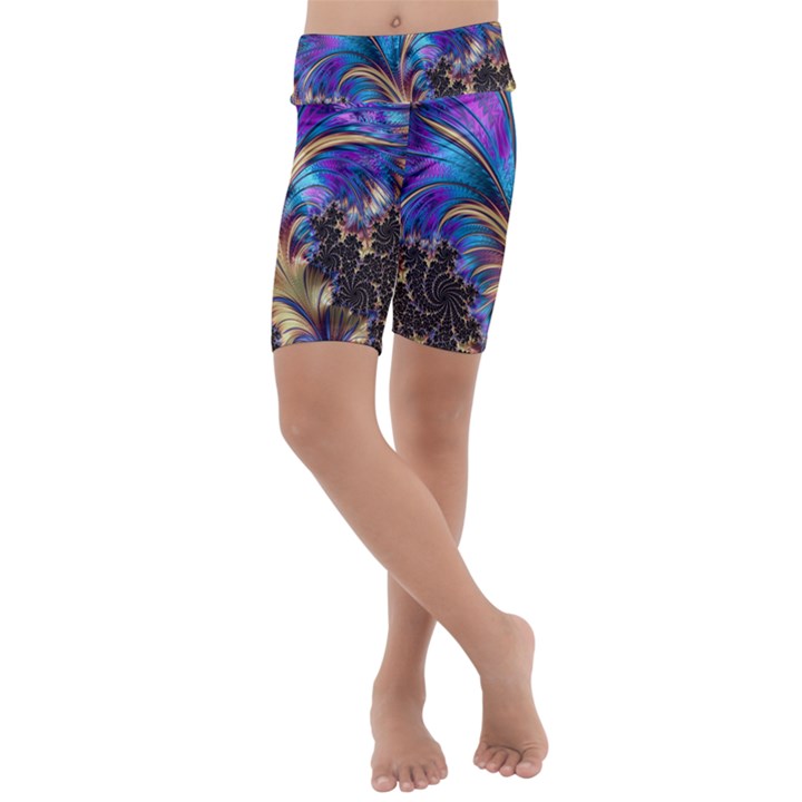 Fractal Feather Swirl Purple Blue Kids  Lightweight Velour Cropped Yoga Leggings