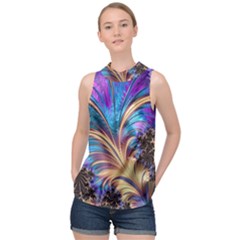 Fractal Feather Swirl Purple Blue High Neck Satin Top