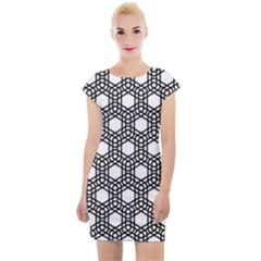 Geometric Floral Curved Shape Motif Cap Sleeve Bodycon Dress