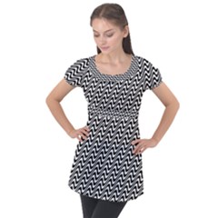 White Line Wave Black Pattern Puff Sleeve Tunic Top