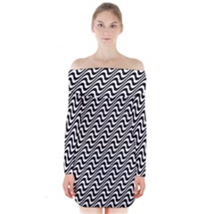 White Line Wave Black Pattern Long Sleeve Off Shoulder Dress by Pakrebo