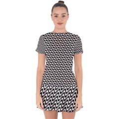 White Line Wave Black Pattern Drop Hem Mini Chiffon Dress