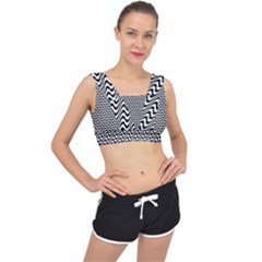 White Line Wave Black Pattern V-back Sports Bra by Pakrebo