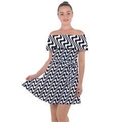 White Line Wave Black Pattern Off Shoulder Velour Dress