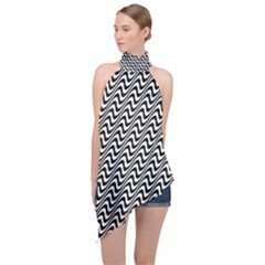 White Line Wave Black Pattern Halter Asymmetric Satin Top