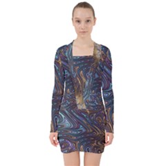 Fractal Art Artwork Globular V-neck Bodycon Long Sleeve Dress by Pakrebo