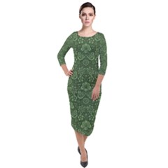 Damask Pattern Victorian Vintage Quarter Sleeve Midi Velour Bodycon Dress