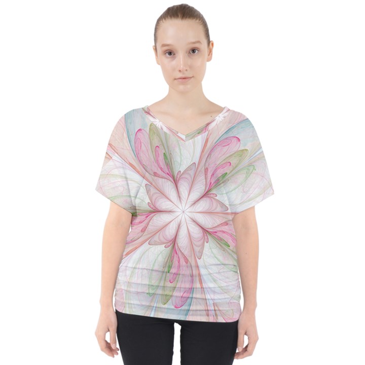 Pink Blue Flower Blossom Rose V-Neck Dolman Drape Top