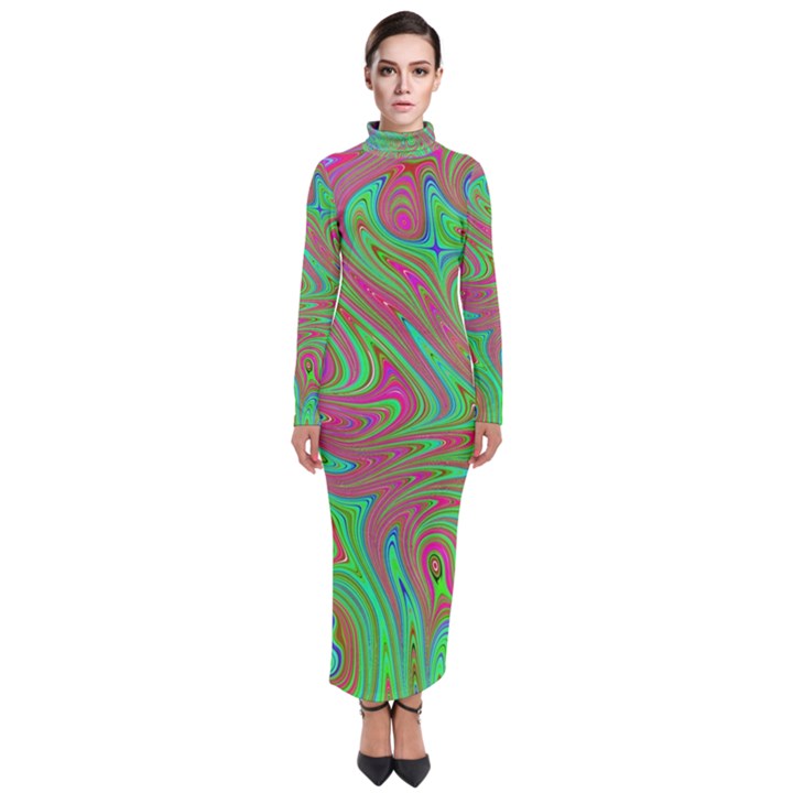 Fractal Art Neon Green Pink Turtleneck Maxi Dress