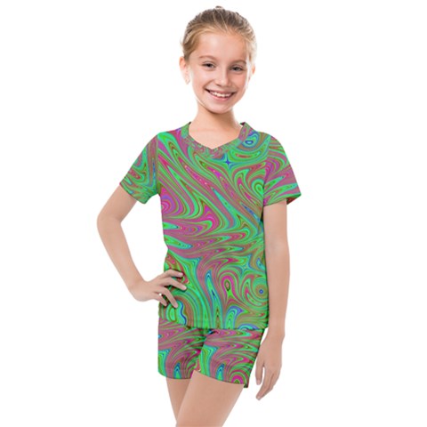 Fractal Art Neon Green Pink Kids  Mesh Tee And Shorts Set by Pakrebo