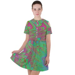 Fractal Art Neon Green Pink Short Sleeve Shoulder Cut Out Dress 