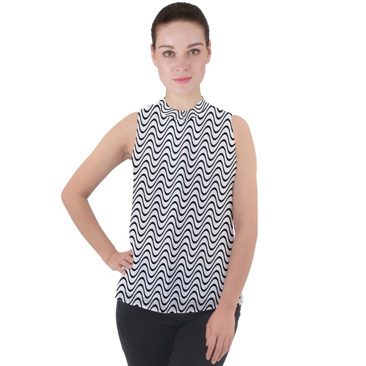 Wave Wave Lines Diagonal Seamless Mock Neck Chiffon Sleeveless Top