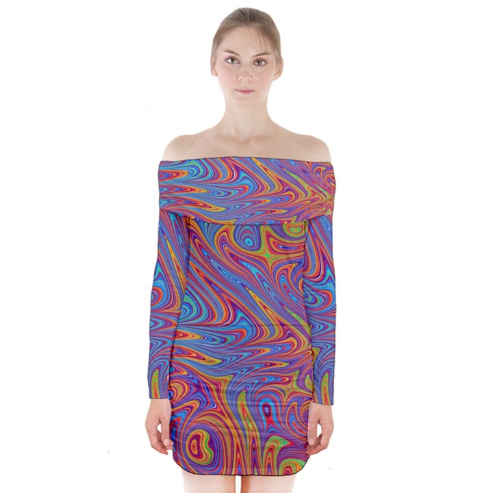 Fractal Psychedelic Fantasy Surreal Long Sleeve Off Shoulder Dress