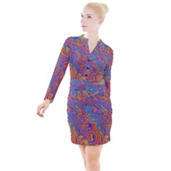 Fractal Psychedelic Fantasy Surreal Button Long Sleeve Dress by Pakrebo