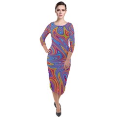 Fractal Psychedelic Fantasy Surreal Quarter Sleeve Midi Velour Bodycon Dress