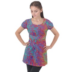 Fractal Bright Fantasy Design Puff Sleeve Tunic Top