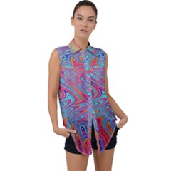 Fractal Bright Fantasy Design Sleeveless Chiffon Button Shirt