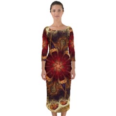 Dawn Day Fractal Sunny Gold Red Quarter Sleeve Midi Bodycon Dress by Pakrebo