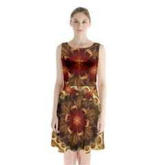 Dawn Day Fractal Sunny Gold Red Sleeveless Waist Tie Chiffon Dress by Pakrebo