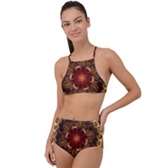 Dawn Day Fractal Sunny Gold Red High Waist Tankini Set by Pakrebo