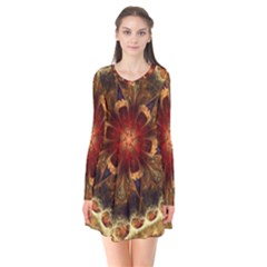 Dawn Day Fractal Sunny Gold Red Long Sleeve V-neck Flare Dress by Pakrebo