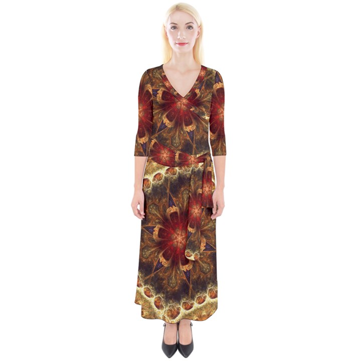 Dawn Day Fractal Sunny Gold Red Quarter Sleeve Wrap Maxi Dress