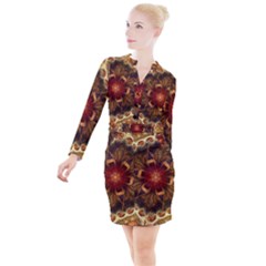 Dawn Day Fractal Sunny Gold Red Button Long Sleeve Dress by Pakrebo