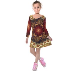 Dawn Day Fractal Sunny Gold Red Kids  Long Sleeve Velvet Dress by Pakrebo