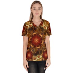 Dawn Day Fractal Sunny Gold Red Women s V-neck Scrub Top by Pakrebo