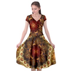 Dawn Day Fractal Sunny Gold Red Cap Sleeve Wrap Front Dress by Pakrebo