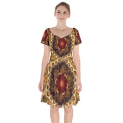 Dawn Day Fractal Sunny Gold Red Short Sleeve Bardot Dress by Pakrebo