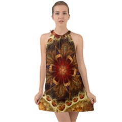 Dawn Day Fractal Sunny Gold Red Halter Tie Back Chiffon Dress by Pakrebo