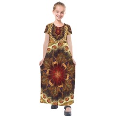 Dawn Day Fractal Sunny Gold Red Kids  Short Sleeve Maxi Dress by Pakrebo