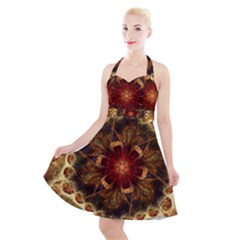 Dawn Day Fractal Sunny Gold Red Halter Party Swing Dress  by Pakrebo