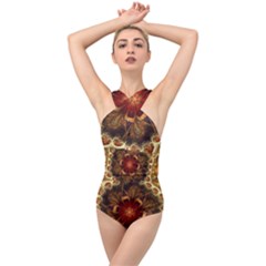 Dawn Day Fractal Sunny Gold Red Cross Front Low Back Swimsuit by Pakrebo