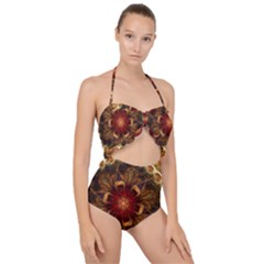 Dawn Day Fractal Sunny Gold Red Scallop Top Cut Out Swimsuit by Pakrebo