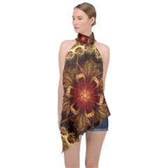 Dawn Day Fractal Sunny Gold Red Halter Asymmetric Satin Top