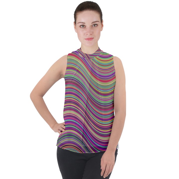 Wave Abstract Happy Background Mock Neck Chiffon Sleeveless Top