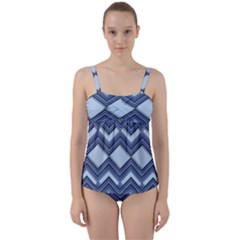 Textile Texture Fabric Zigzag Blue Twist Front Tankini Set